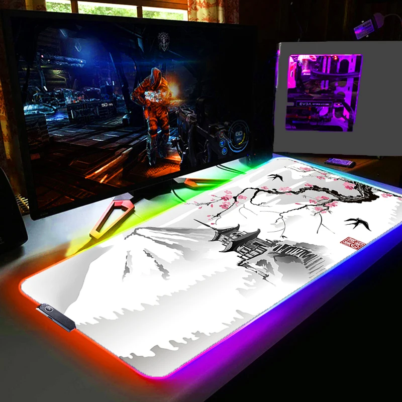 סאקורה Gaming Mousepad משטח עכבר RGB LED גיימר המשרד מחצלת שולחן מחשב Padmouse מקלדת שטיח חם פגודה יפנית פריחת הדובדבן