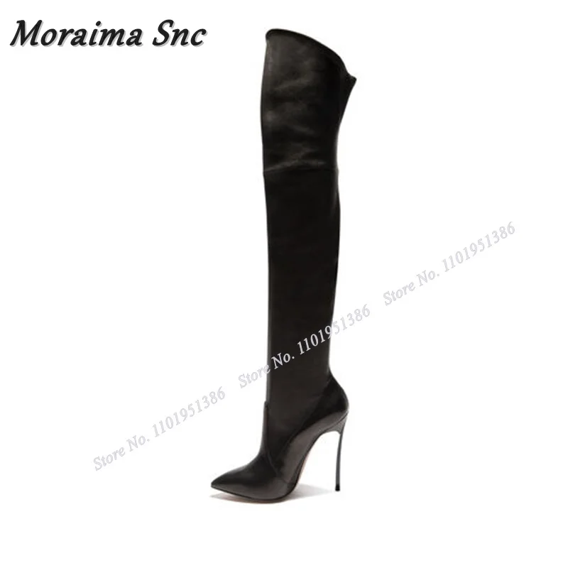 Moraima Snc שחור להחליק על פלטפורמה מגפיים מעל הברך מוצק מגפיים דק העקב נעלי נשים עקבים גבוהים הרומן Zapatillas Mujer