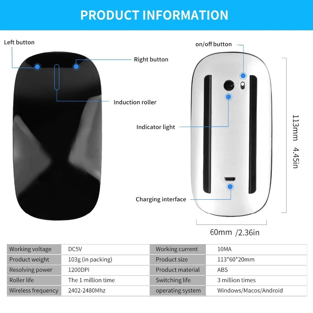 Bluetooth 4.0 Wireless Mouse נטענת שקט רב Arc Touch עכברים דק קסם בעכבר על המחשב הנייד Ipad מק מחשב אופנה