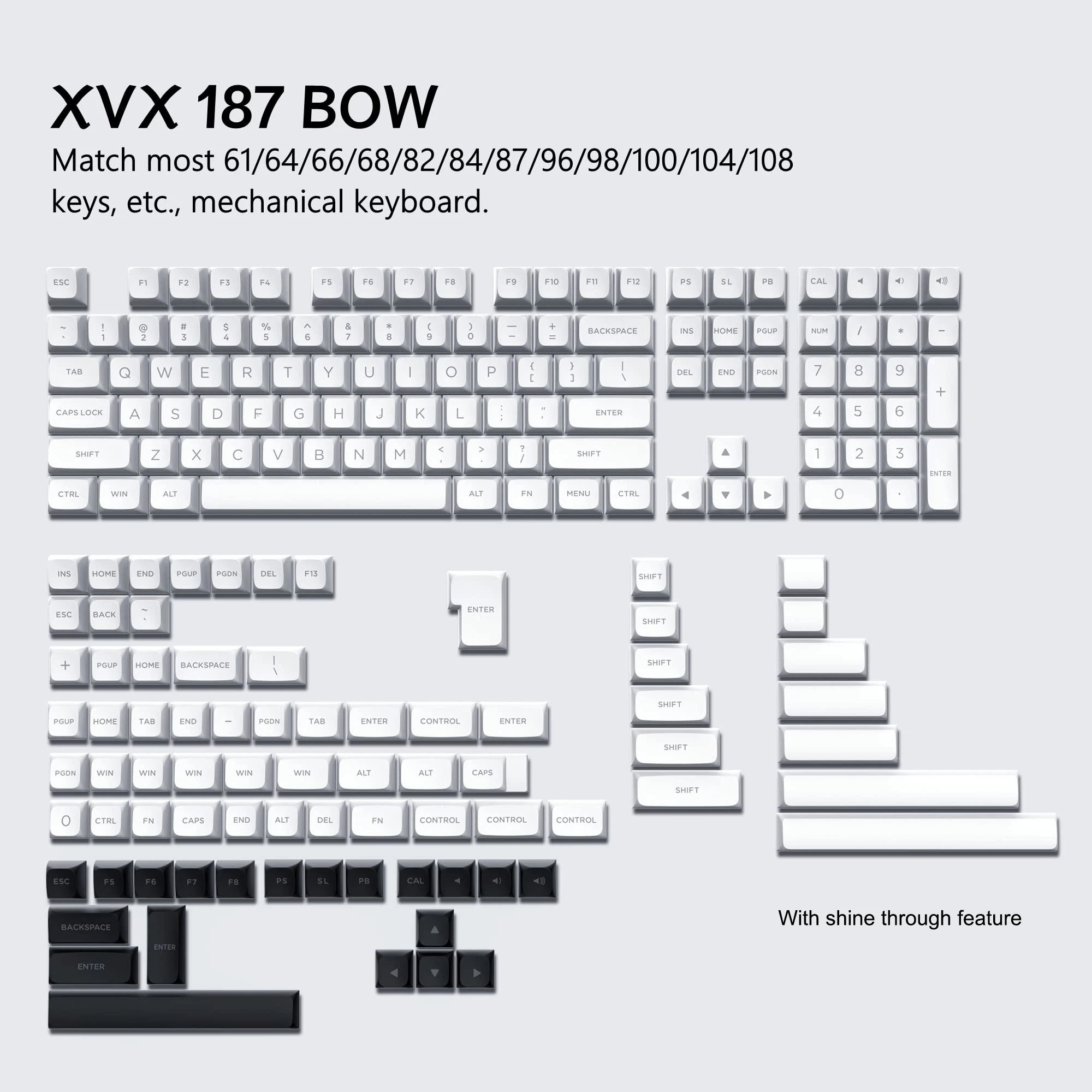 187 מפתח קשת/WOB לבן שחור PBT כפולה נורה Keycaps XVX פרופיל קיט תאורה אחורית מפתח קאפ עבור MX מתגים מכאניים Gaming Keyboard