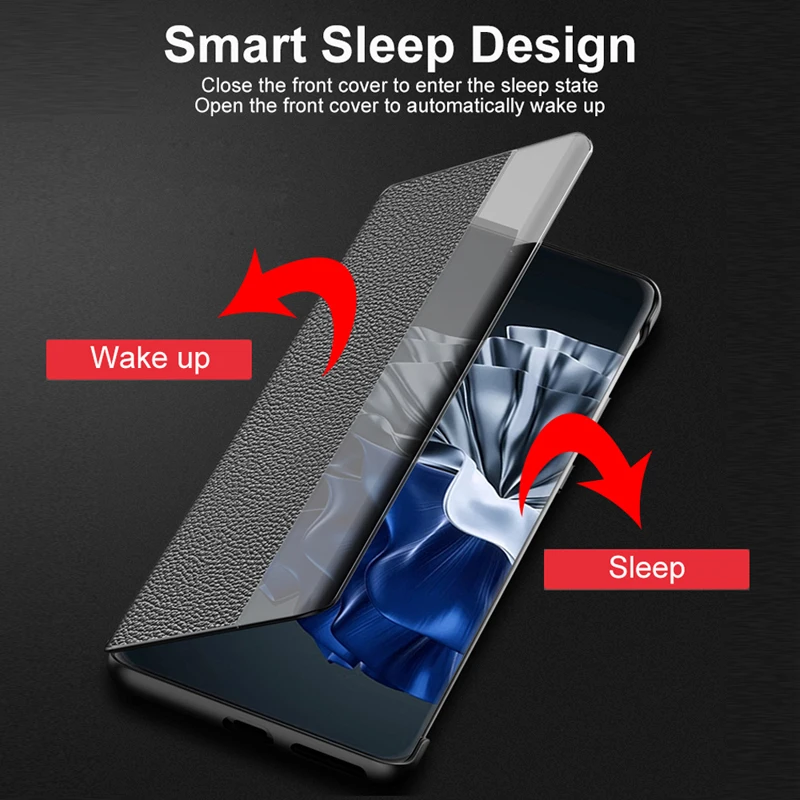 Funda עבור Huawei P60 Pro תיק עור אמיתי חכם נוגע Silde להציג חלון מתעורר לישון פרה כיסוי Flip עבור Huawei P60