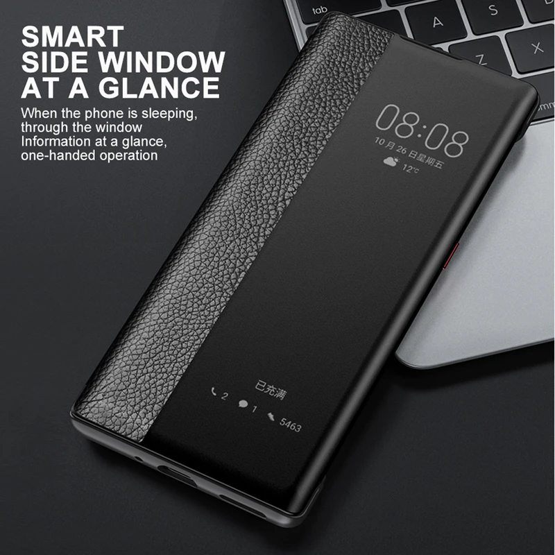 Funda עבור Huawei P60 Pro תיק עור אמיתי חכם נוגע Silde להציג חלון מתעורר לישון פרה כיסוי Flip עבור Huawei P60