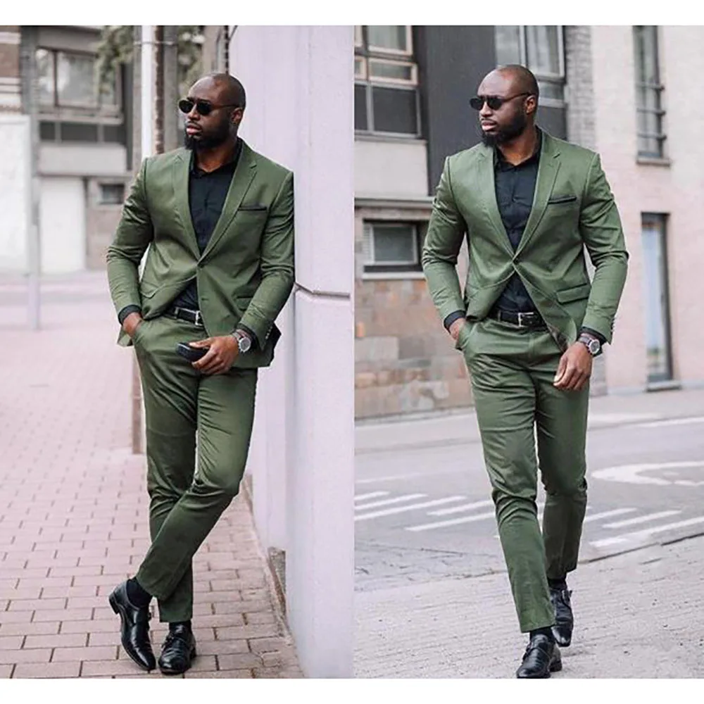 ירוק צבא Mens חליפות Slim Fit שתי חתיכות החוף השושבינים בחתונה עבור גברים שחורים רשמית נשף חליפה (ז ' קט+מכנסיים)