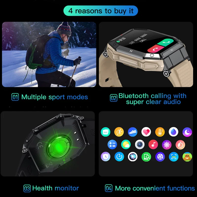 2023 חדש K55 צבאי שעון חכם גברים 1.85 אינץ Bluetooth שיחה 350mAh 24H בריא צג חיצוני IP68, עמיד למים Smartwatch למכירה