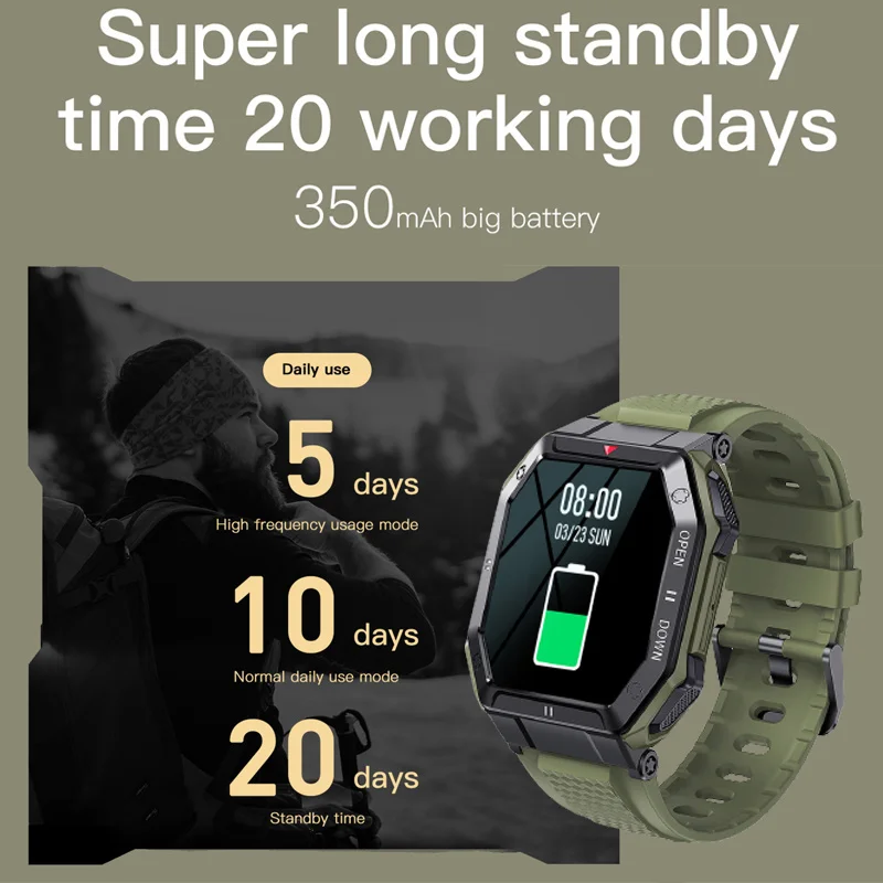 2023 חדש K55 צבאי שעון חכם גברים 1.85 אינץ Bluetooth שיחה 350mAh 24H בריא צג חיצוני IP68, עמיד למים Smartwatch למכירה