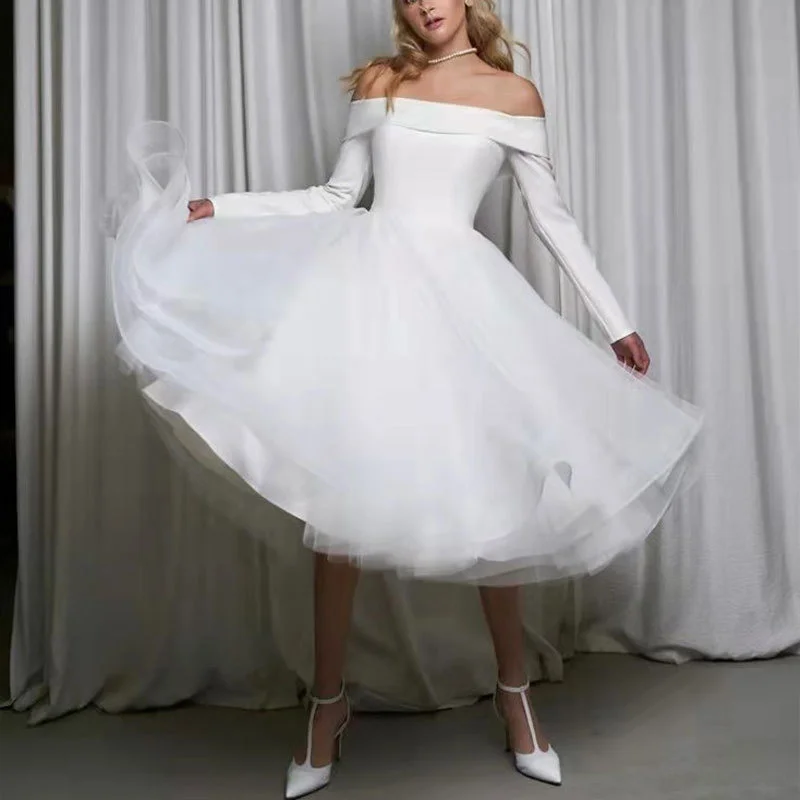 2021 חדש הקודש קצרה שמלות חתונה שנהב שרוולים ארוכים שמלות כלה מחוץ הכתף חזרה שמלות כלה עגל אמצע אורך