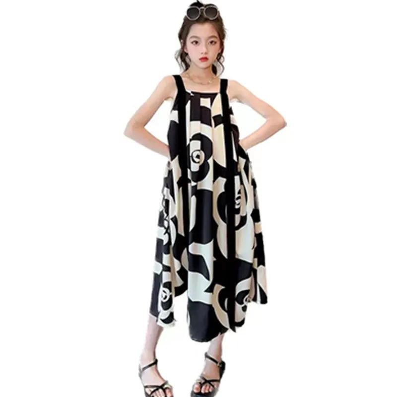 המפלגה אלגנטי ילדה שמלה ללא שרוולים שחור לבן הדפסת חופשי קוריאני ארוך שיפון תלבושות קיץ ילד ילדה שמלת אופנה