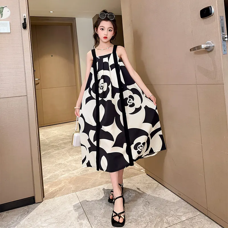 המפלגה אלגנטי ילדה שמלה ללא שרוולים שחור לבן הדפסת חופשי קוריאני ארוך שיפון תלבושות קיץ ילד ילדה שמלת אופנה