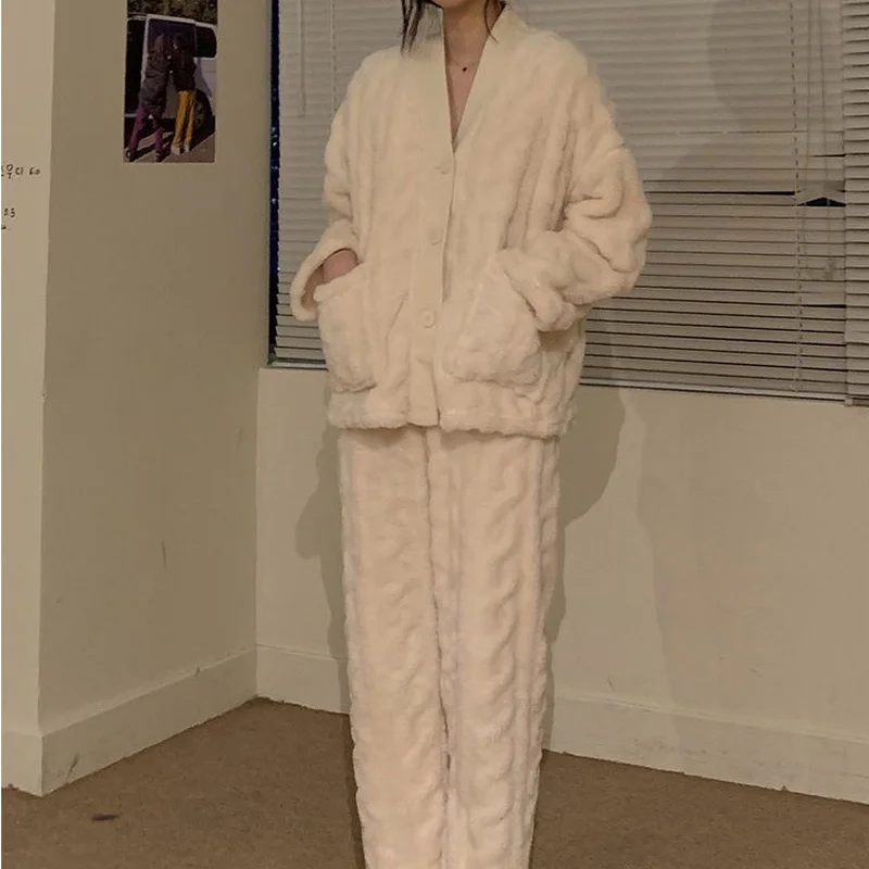 אלגנטי קורל קטיפה סטים של פיג ' מה נשים לעבות ההגירה מכרז הלבשת לילה, חורף V-צוואר יחיד עם חזה Windproof כל-התאמה Homewear