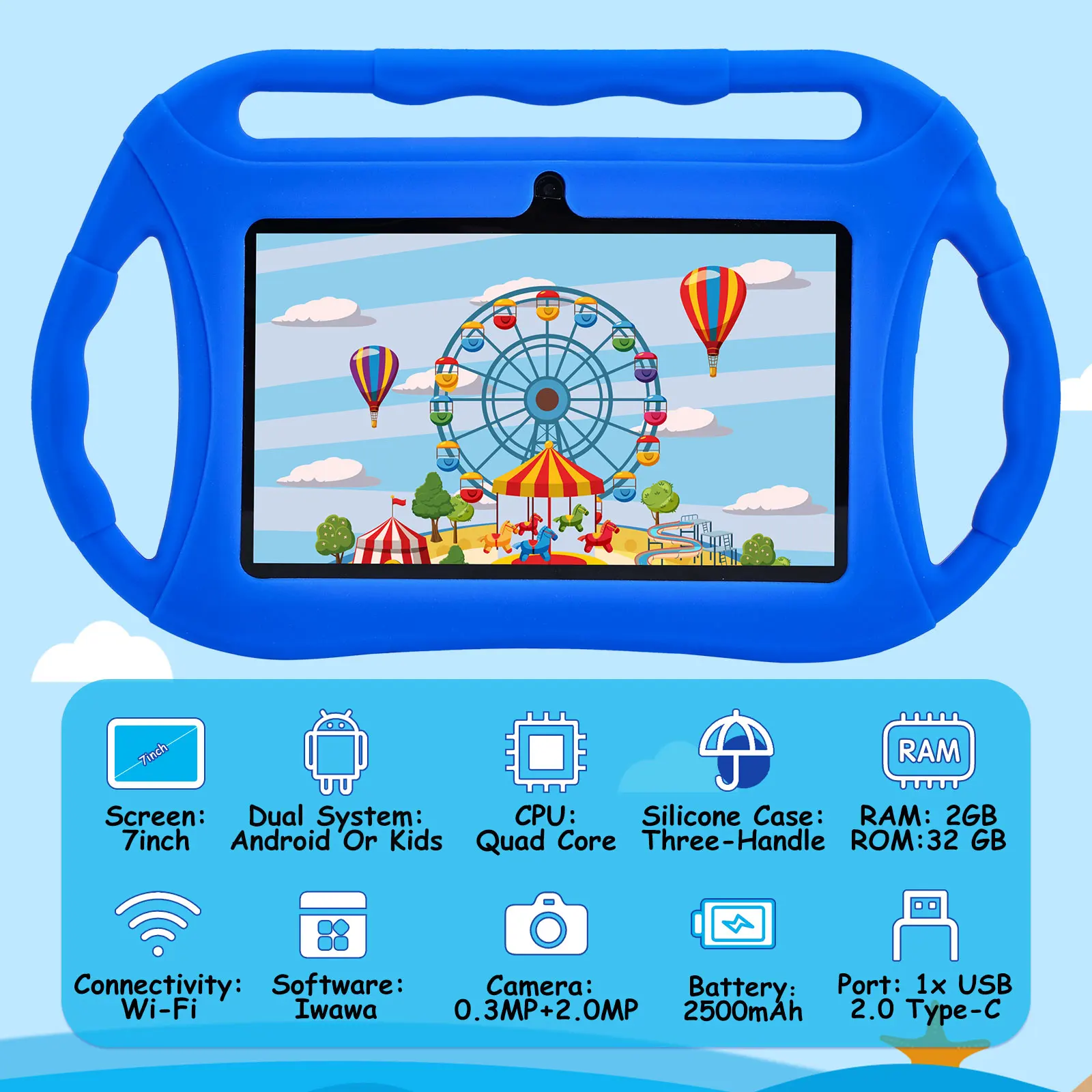 Veidoo ילדים טאבלט 7 אינטש 32Gb Wifi אנדרואיד 10 Gms הלוח מותקן מראש משחקים חינוכיים Tablet Pc עם ילדים-הוכחה במקרה