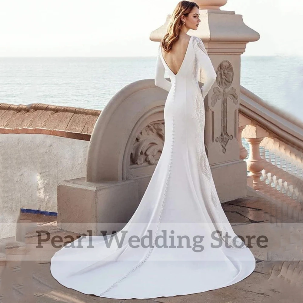 אופנה בתולת ים סאטן שמלת החתונה סקופ מחשוף גב מלא השרוול שמלות כלה באורך רצפת עם אפליקציה ו כפתור שמלות כלה