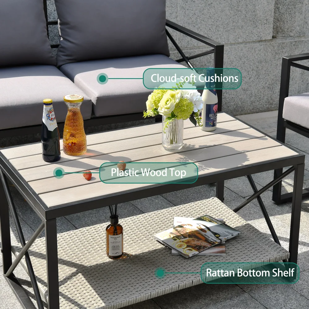 4 חתיכות רהיטי גן להגדיר, לכל מזג אוויר חיצוני ביסטרו להגדיר עבור בחצר האחורית ליד הבריכה במרפסת, עם PE קש שולחן קפה