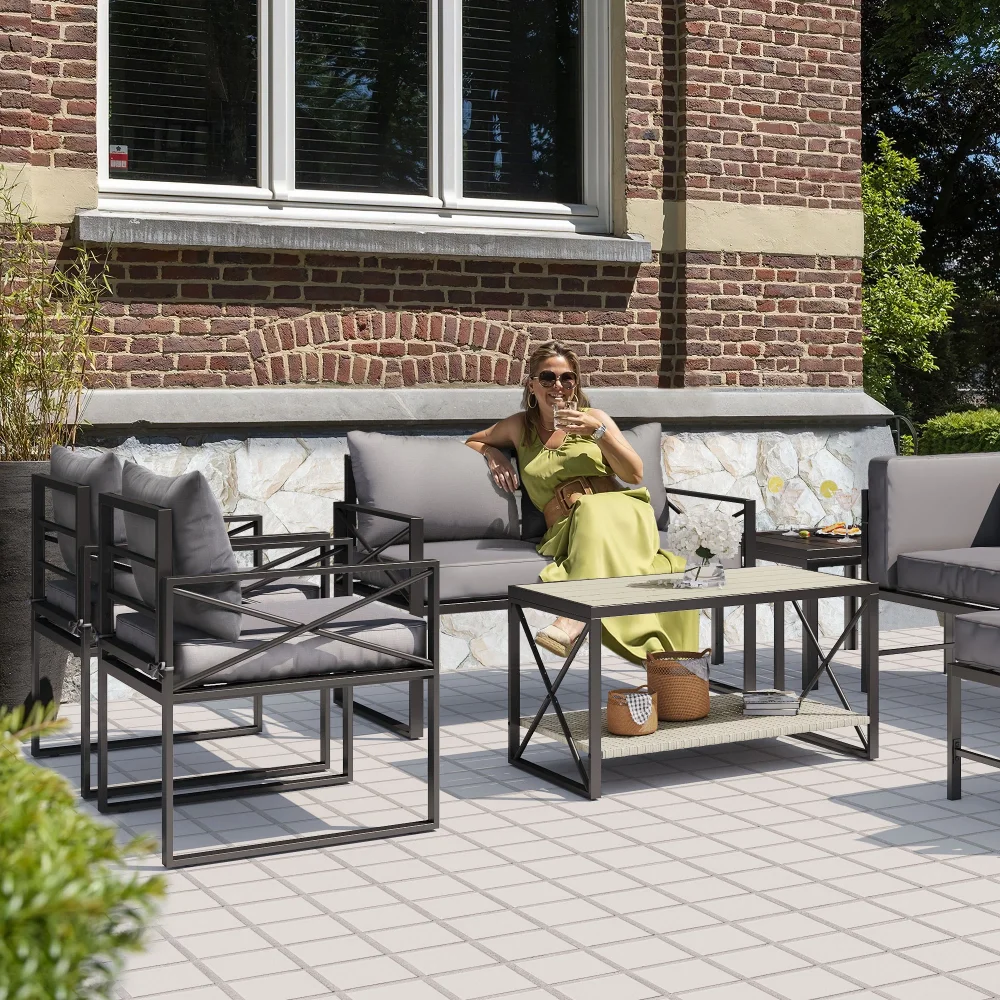 4 חתיכות רהיטי גן להגדיר, לכל מזג אוויר חיצוני ביסטרו להגדיר עבור בחצר האחורית ליד הבריכה במרפסת, עם PE קש שולחן קפה
