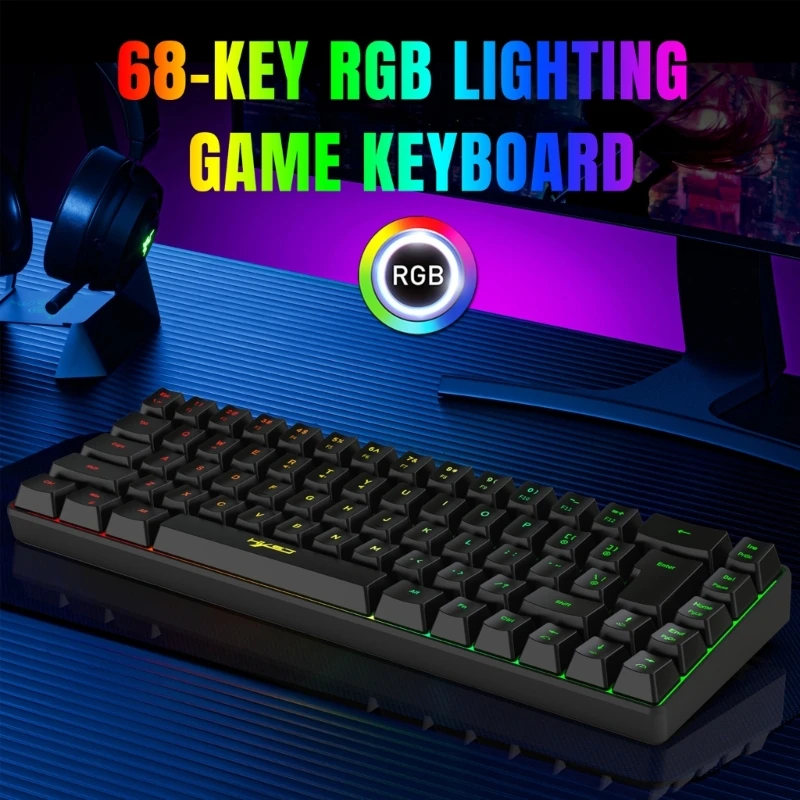 מיני RGB 60% משחקים מקלדת, 68 מפתחות קומפקטי קטן USB קשת להאיר עם תאורה אחורית המשחקים מקלדת מחשב נייד