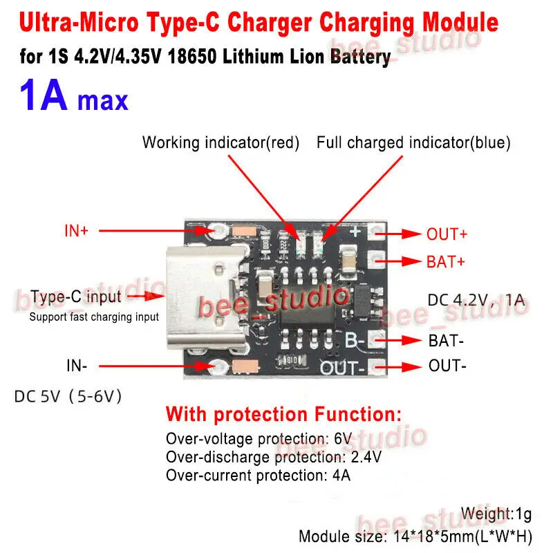 אולטרה-מיני מסוג-C מטען USB מודול DC 5V 1A טעינה לוח 1 4.2 V 18650 ליתיום סוללה Li-על הגנה על הלוח