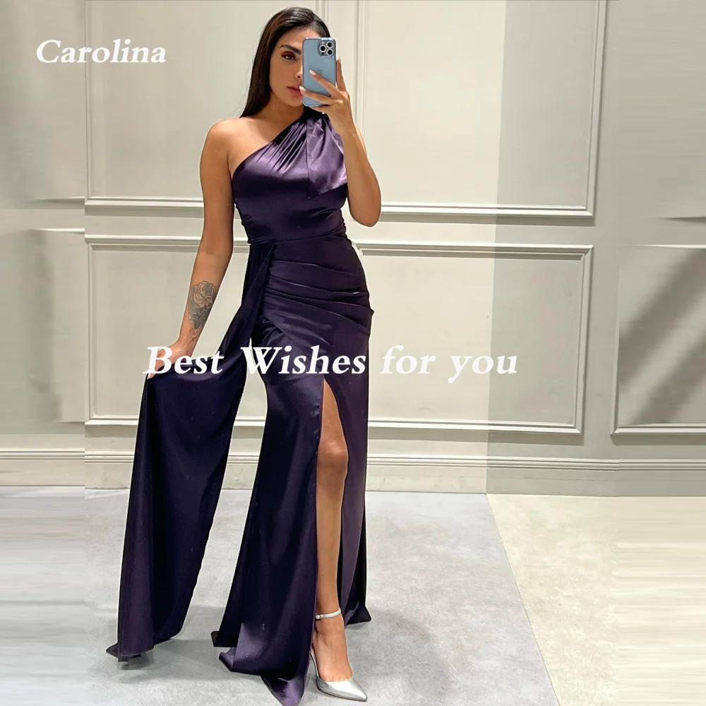 קרוליינה סטרפלס כתף אחת שמלות ערב נשים גבוה פיצול שרוולים סאטן חתונה אורחים אלגנטיים רשמית צד שמלות