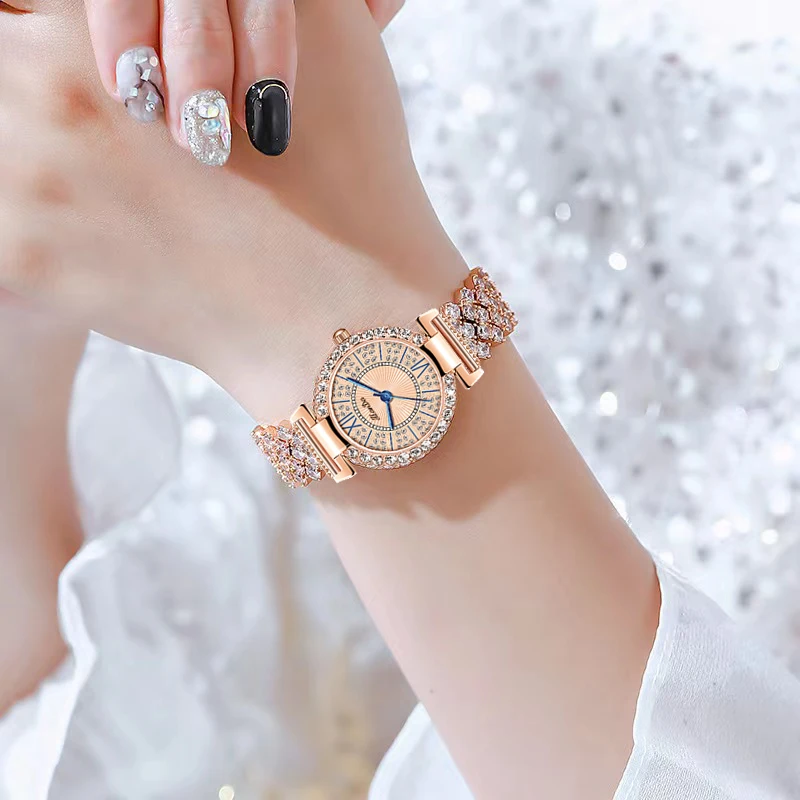 JLANDA אופנה אלגנטיות רוז חיוג יהלום גבירותיי יוקרה קוורץ שעונים נירוסטה רצועה עמיד למים שעונים Relogio Feminino