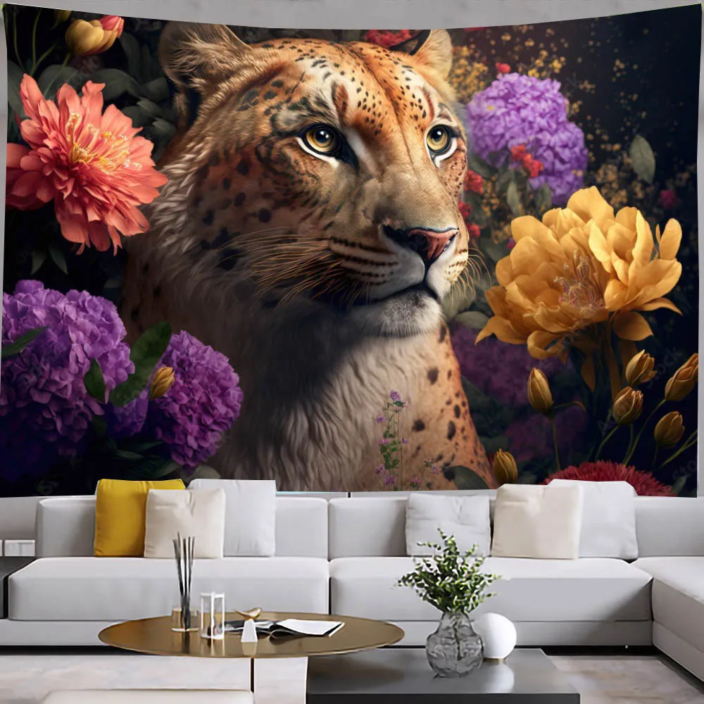 חיה נמר שטיח מנומר עם פרחים תלייה על קיר פרפר בוהמיה אסתטי עיצוב חדר השמיכה הביתה קישוט חדר השינה