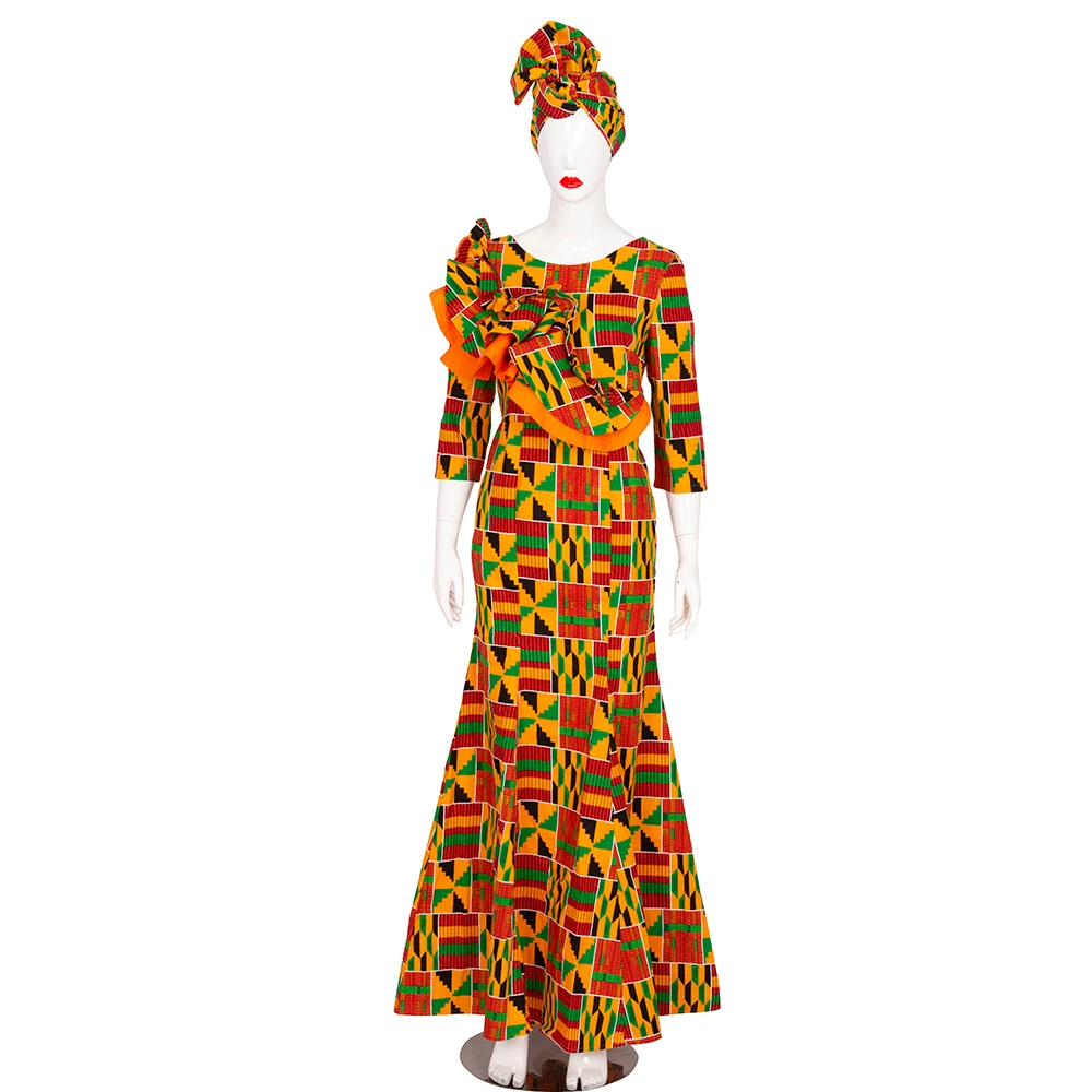Bintarealwax אפריקה שמלת מקסי Bazin ריש כותנה הדפסת שעווה שמלות ארוכות תשע נקודות שרוול בתוספת גודל אפריקה בגדים WY9492