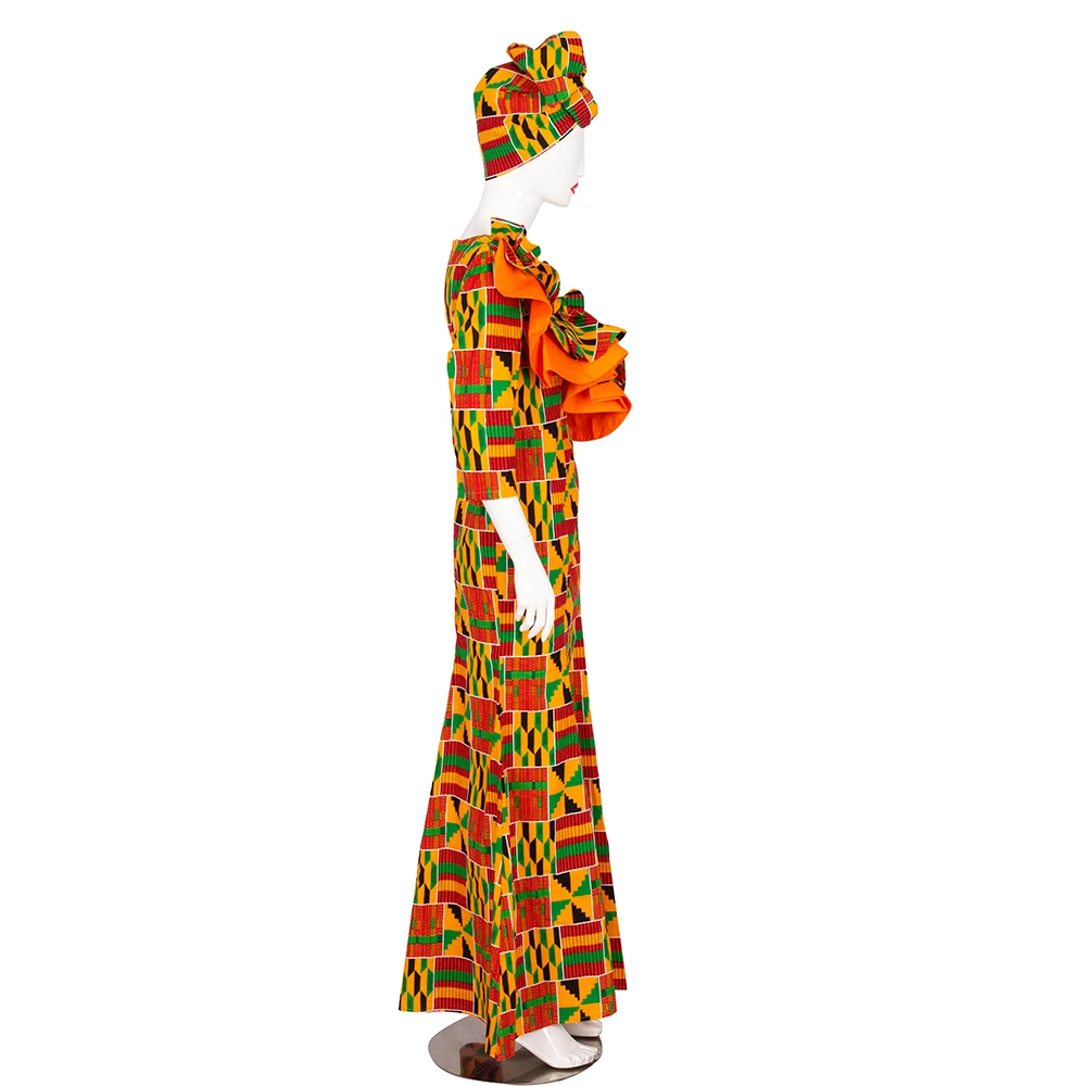 Bintarealwax אפריקה שמלת מקסי Bazin ריש כותנה הדפסת שעווה שמלות ארוכות תשע נקודות שרוול בתוספת גודל אפריקה בגדים WY9492