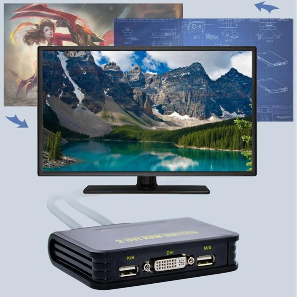 2 יציאת USB2 0 DVI KVM החלפת מפסק קופסה 2 ב 1 וידאו, אודיו, כבל מקלדת עכבר צג HD KVM