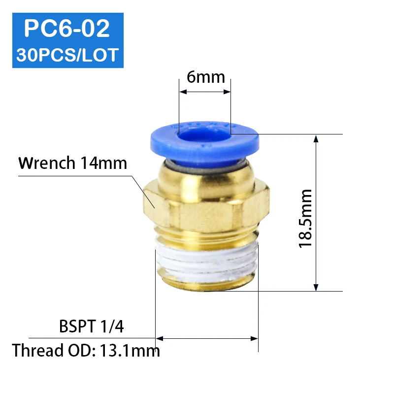 איכות גבוהה 30PCS BSPT PC6-02, 6 מ 