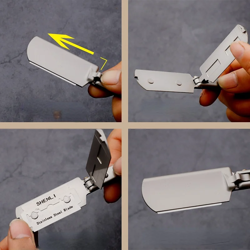 1pcs נירוסטה גילוח עבור גברים מתקפלת סכין גילוח ידני זקן מכונת גילוח ספר עם עור ידנית גילוח עבור גברים