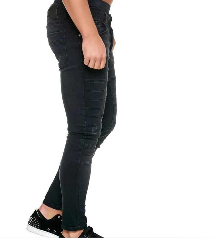 אירופאי אמריקאי Mens אופנה ג 'ינס סקיני שחור מוצק כחול היפ-הופ סטריט סגנון Slim Fit ג' ינס מקרית עיפרון מכנסיים