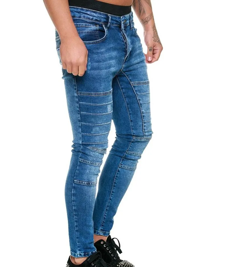 אירופאי אמריקאי Mens אופנה ג 'ינס סקיני שחור מוצק כחול היפ-הופ סטריט סגנון Slim Fit ג' ינס מקרית עיפרון מכנסיים