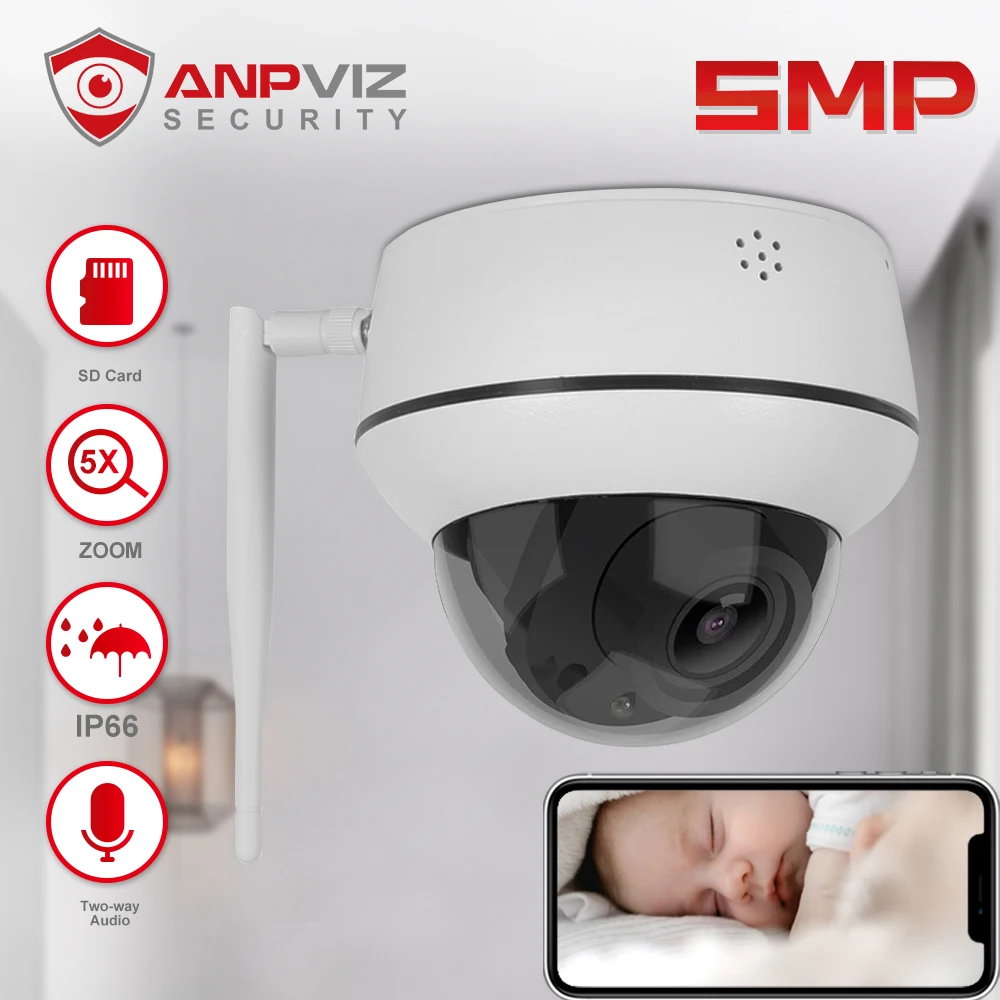 Anpviz 5MP PTZ Wifi מצלמת IP חיצונית 5X זום אלחוטי אבטחה CCTV מצלמה דו-כיוונית אודיו מיקרופון-רמקול IR 30 IP66 CamHi H. 265