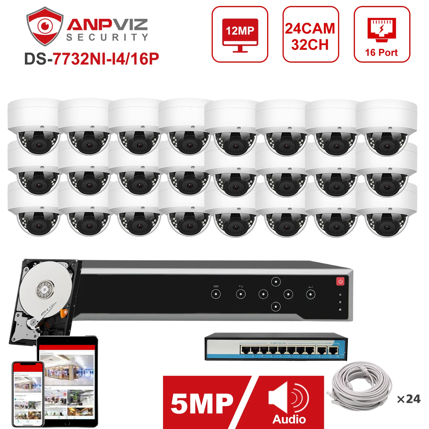 Anpviz NVR 32CH 4K ערכת 24pcs 5MP POE מצלמת IP מערכת פנימית/חיצונית מצלמת IP אבטחה טלוויזיה במעגל סגור מערכת IP66 30m הגנת אבטחה