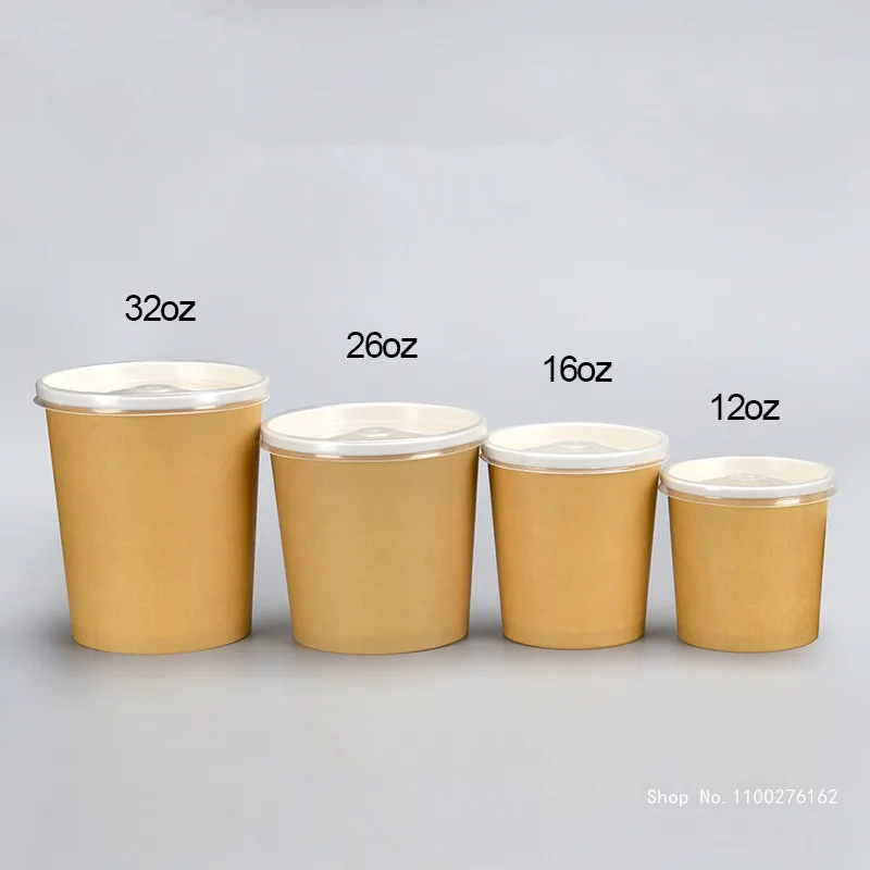 50pcs באיכות גבוהה לשימוש חד פעמי קראפט נייר קערה 260ml סיבוב סלט קינוח אוכל חטיף גלידה משלוחים אריזה כוס עם מכסים