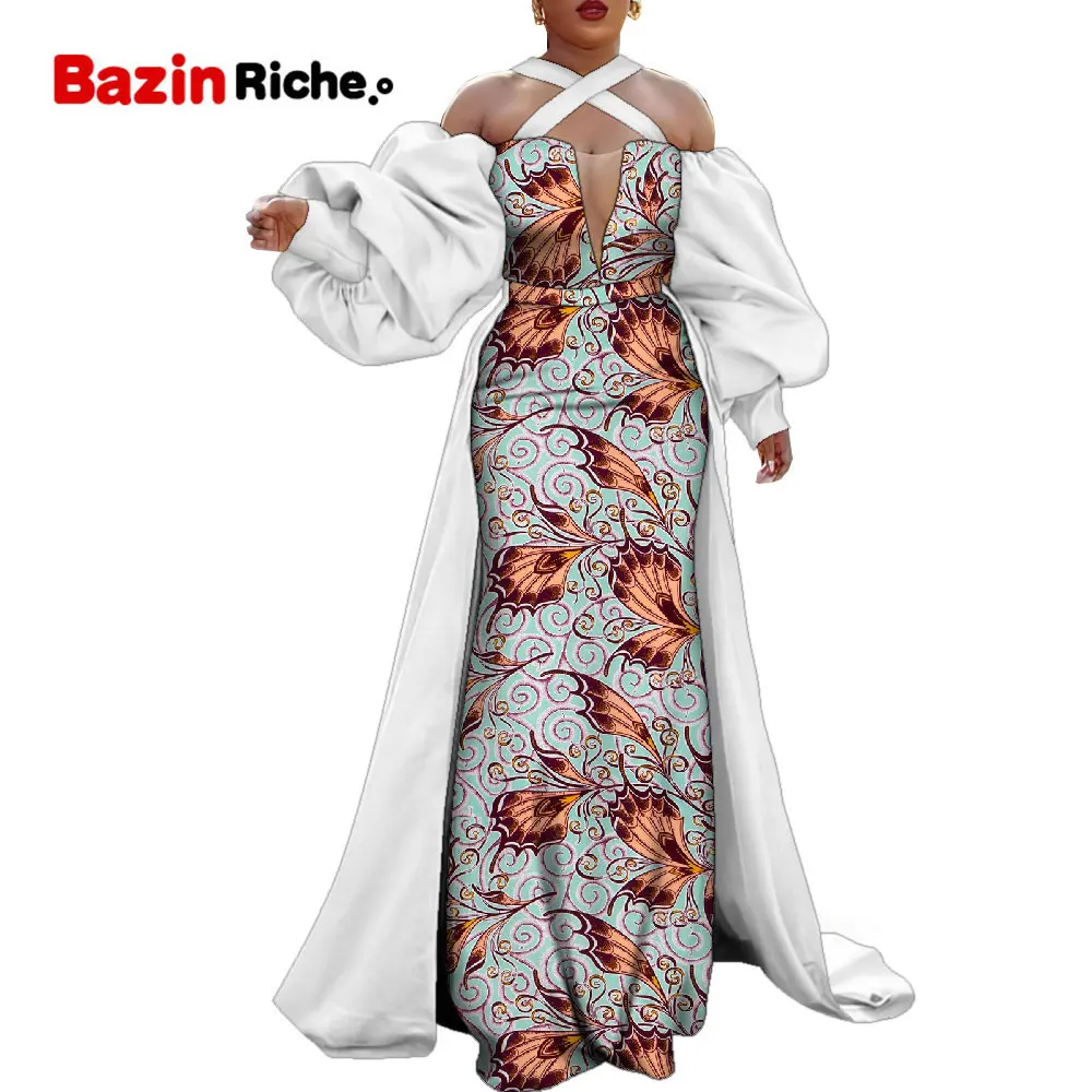Bazin ריש אפריקה בגדים עבור נשים מודרניות מסיבת חתונה Multicolour מחוך סקסי שמלות ארוכות טלאים החלוק Africaine WY2199
