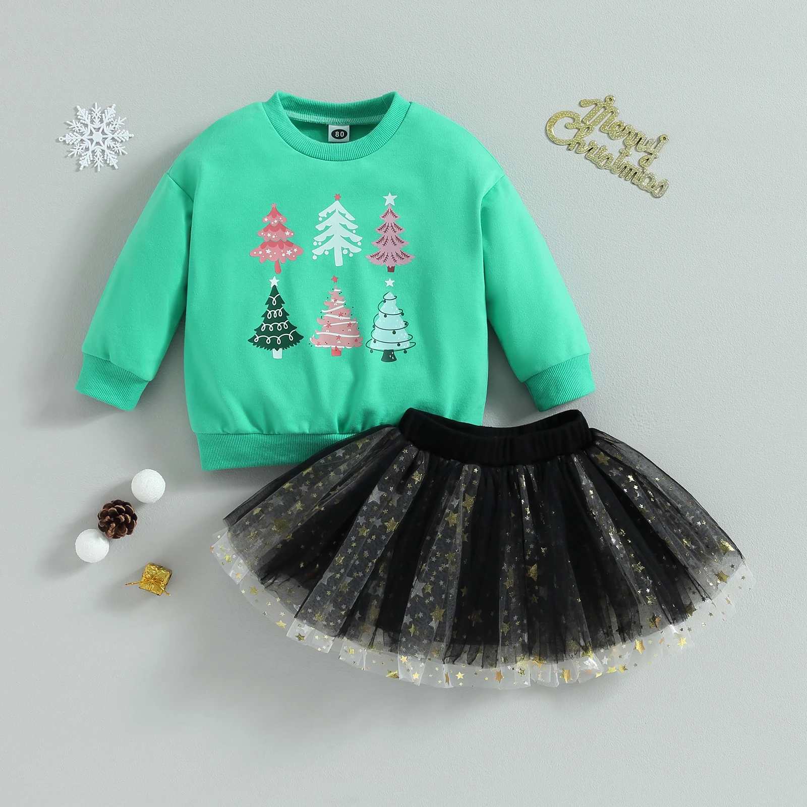 Mildsown פעוטות בנות 2Pcs חג המולד תלבושות שרוול ארוך עץ להדפיס את החולצה סוודר גג + טול קו חצאית בגדי ילדים
