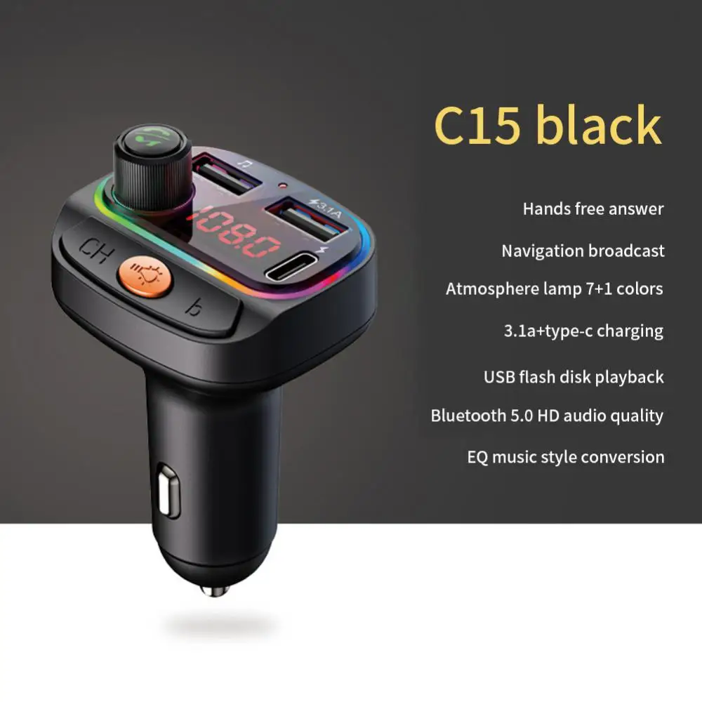 C15 לרכב Bluetooth משדר FM דיבורית לרכב רדיו אפנן נגן MP3 USB כפול הקלטת-C אורות צבעוניים מתאם מטען לרכב