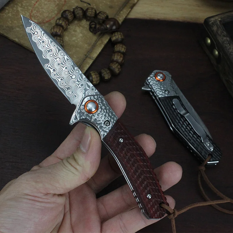 קיפול סכין פלדת דמשק Dalbergia להתמודד עם כיס חיצוני סכינים EDC קמפינג טקטי ציד הישרדות כלי מתנות