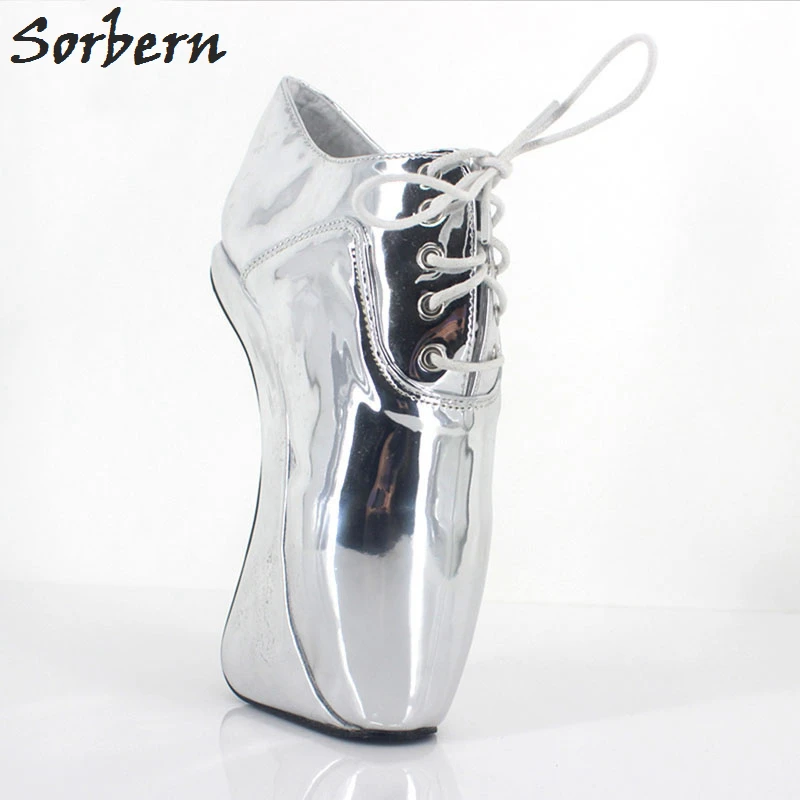 Sorbern אולטרה סקסית עם עקבים גבוהים יוניסקס משאבות שרוכים קרוס רצועות מבריקות PU מחודד בוהן ברגל Heelless נעלי בלט נעלי נשים 43