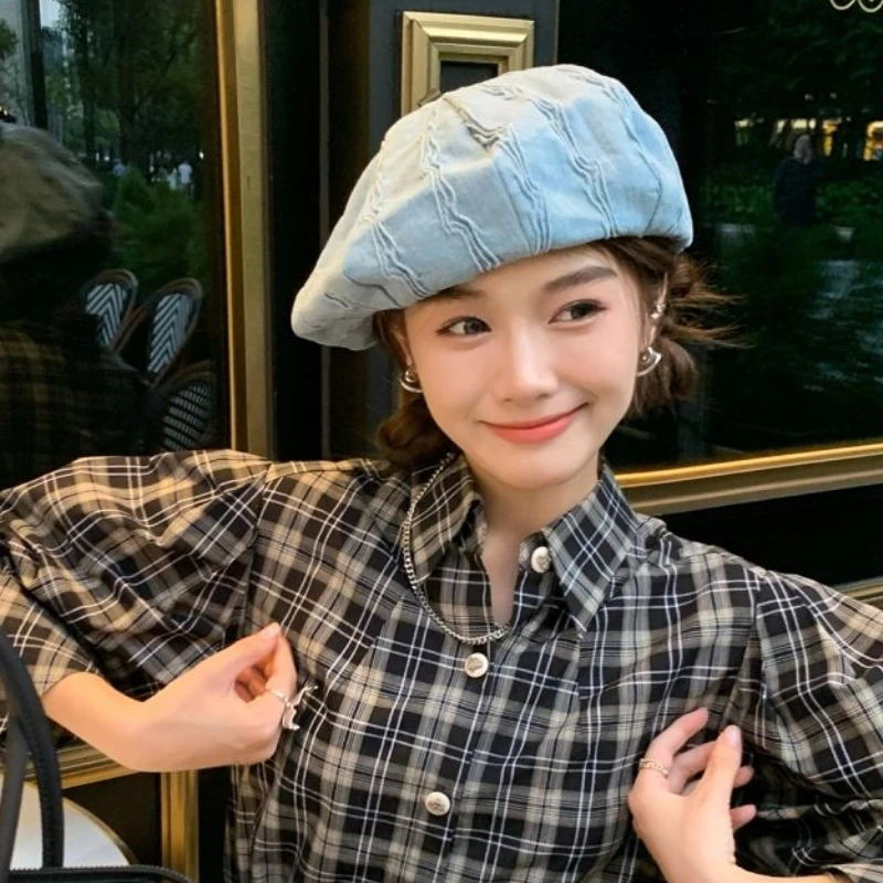 Y2K נשים נישה קפלים ג 'ינס כומתה ראש גדול היקף יפנית צייר ענן כובע שטף ג' ינס כומתות