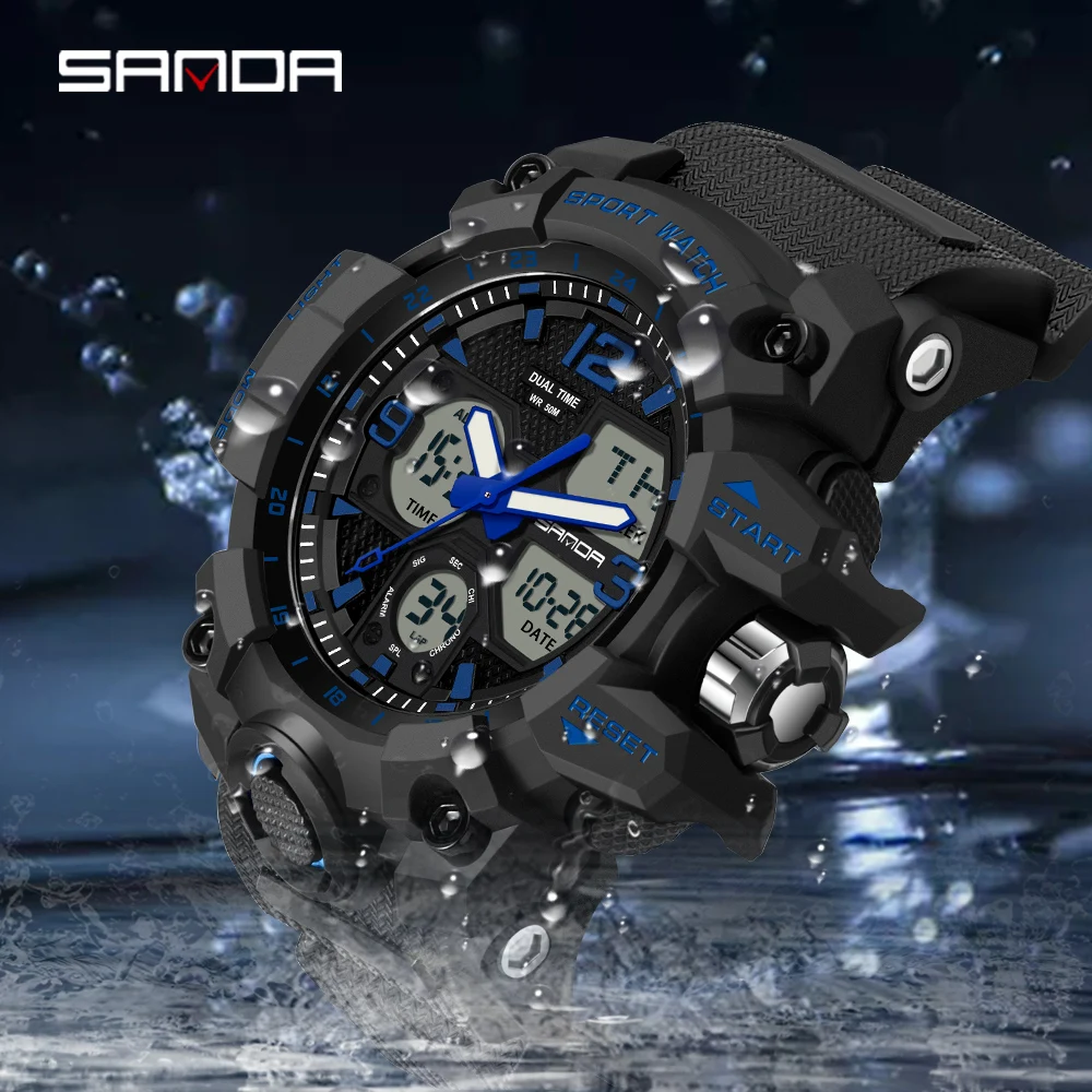 סאנדה חדש אופנה ספורט הצבאי של גברים שעון יד קוורץ דיגיטלי תצוגה כפולה שעונים עמיד למים מזדמן לצפות עבור גברים 6030