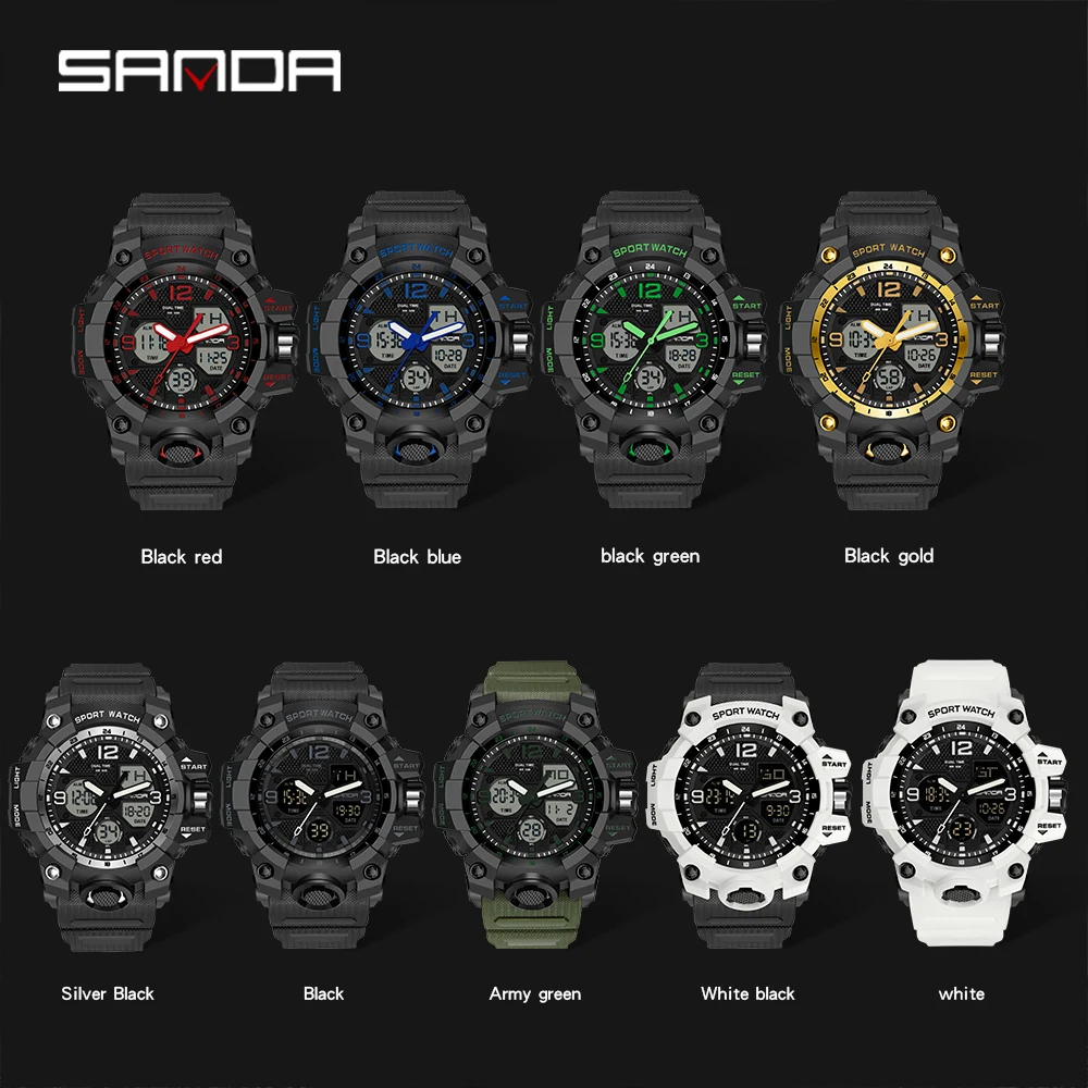 סאנדה חדש אופנה ספורט הצבאי של גברים שעון יד קוורץ דיגיטלי תצוגה כפולה שעונים עמיד למים מזדמן לצפות עבור גברים 6030