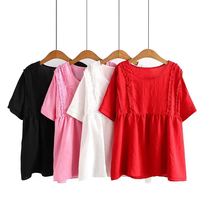בתוספת גודל חולצות נשים 2023 קיץ כותנה קפלים O-צוואר מתוק שרוול קצר חולצות מנופחים עקומת בגדים