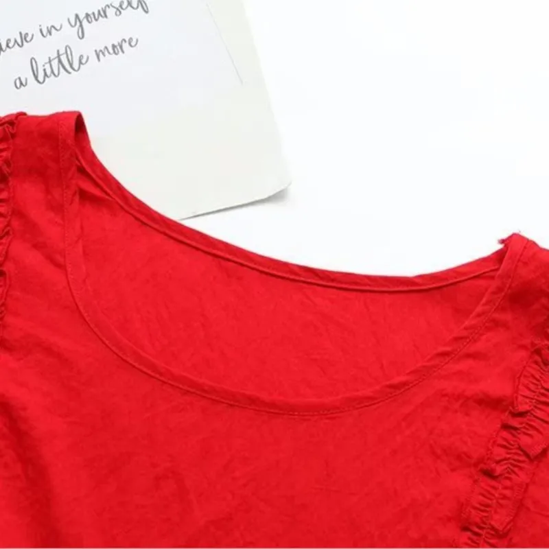 בתוספת גודל חולצות נשים 2023 קיץ כותנה קפלים O-צוואר מתוק שרוול קצר חולצות מנופחים עקומת בגדים