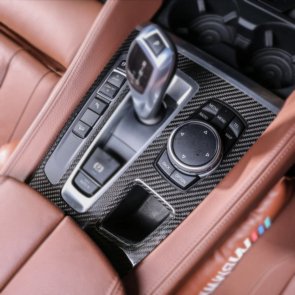 עבור ב. מ. וו X5 X6 F15 F16 אמיתי יבש סיבי פחמן המכונית במרכז הקונסולה לכסות ציוד Shift פנל כיסוי 2014-2019