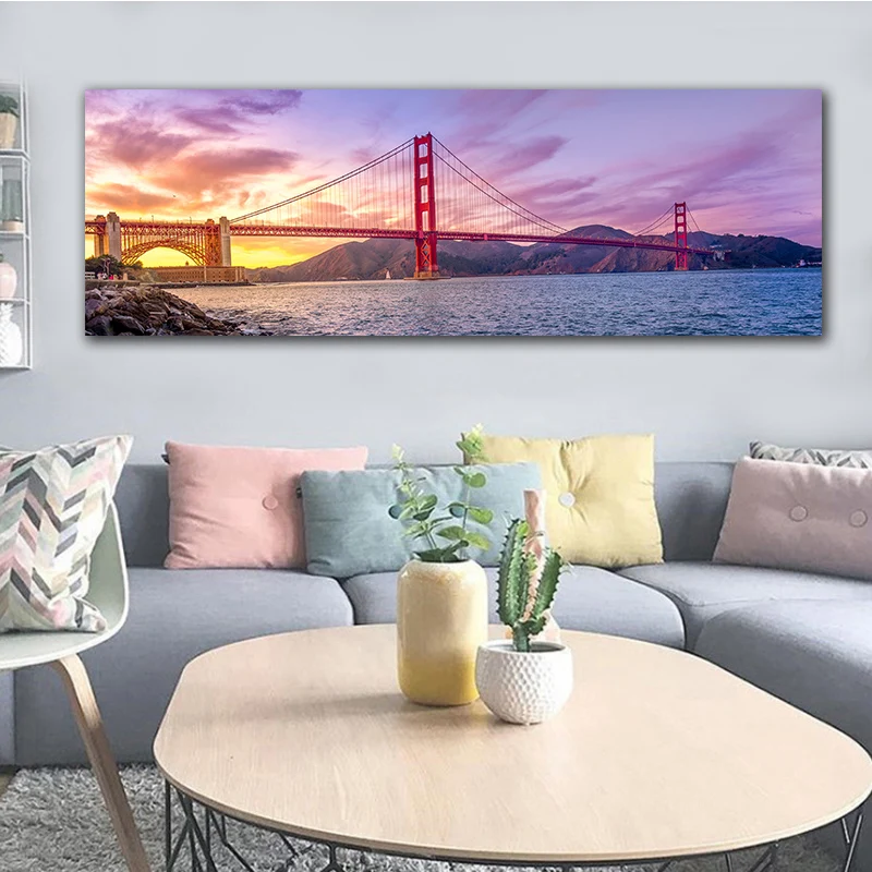 נוף בד הציור סן פרנסיסקו, גשר שער הזהב השקיעה פוסטרים, הדפסים הקיר תמונה לחדר עיצוב הבית אין מסגרת