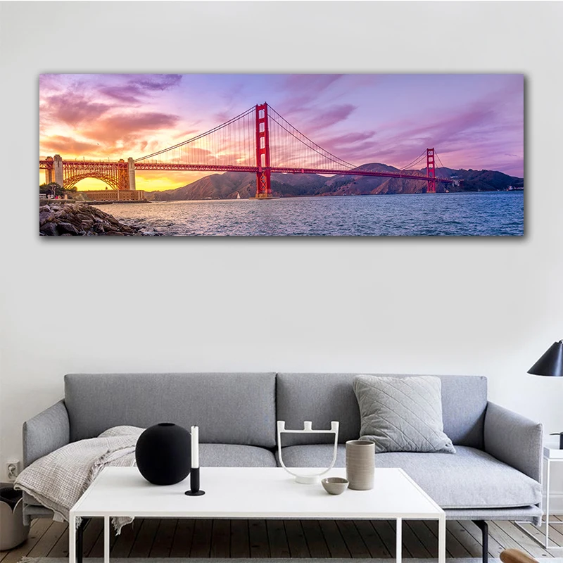 נוף בד הציור סן פרנסיסקו, גשר שער הזהב השקיעה פוסטרים, הדפסים הקיר תמונה לחדר עיצוב הבית אין מסגרת