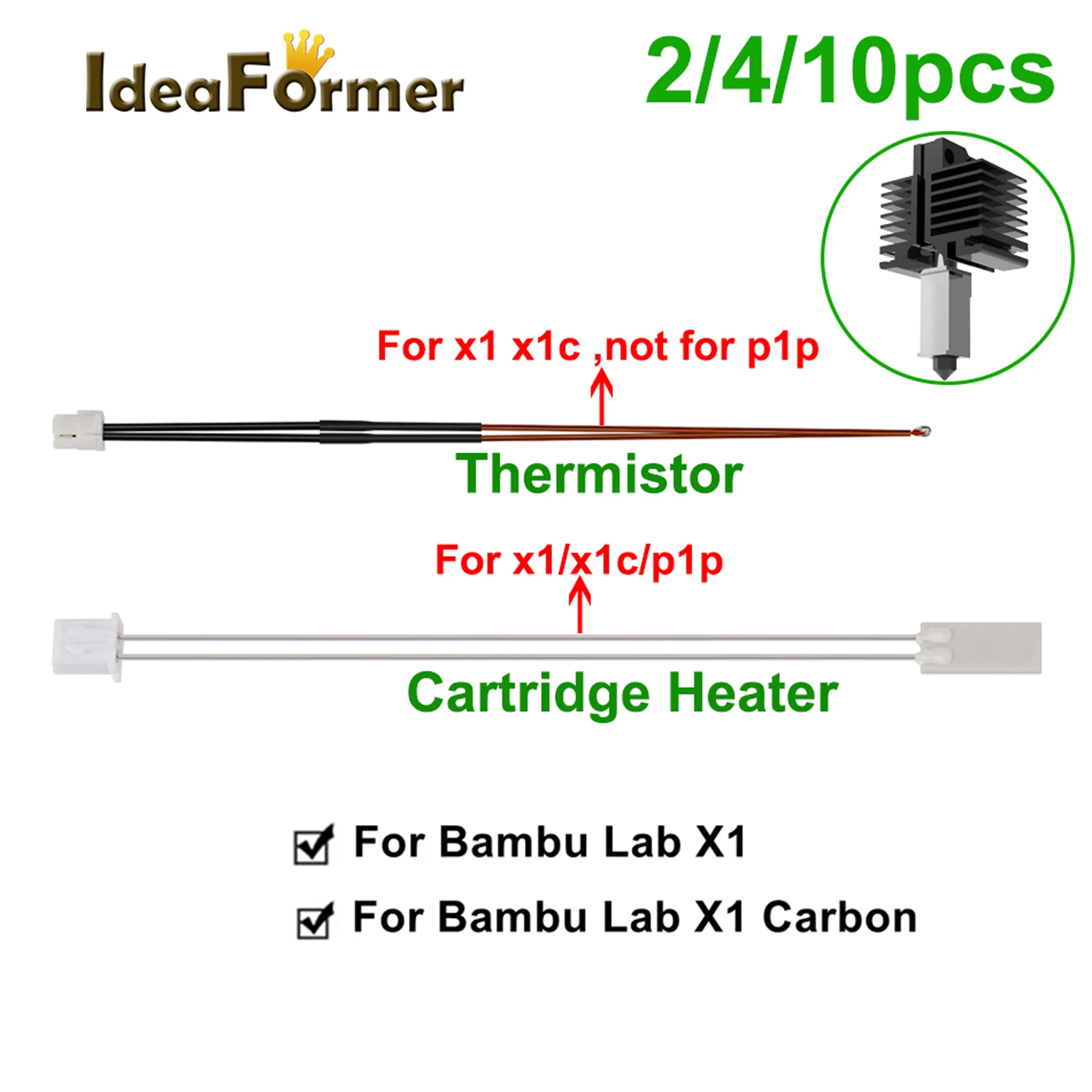 IdeaFormer 2/4/10pc Bambu LabX1/X1-פחמן/P1P Thermistor & חימום קרמי צלחת עבור מדפסת 3D Hotend דוד מחסנית 24V 50W