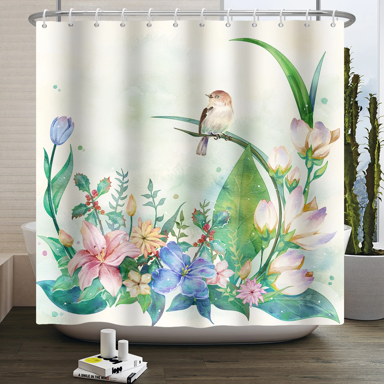 צבעי פרחים ציפור וילון המקלחת לשירותים להגדיר מודרני אביב יונק הדבש פרח הביתה אמבטיה אמבטיה עיצוב עם ווים