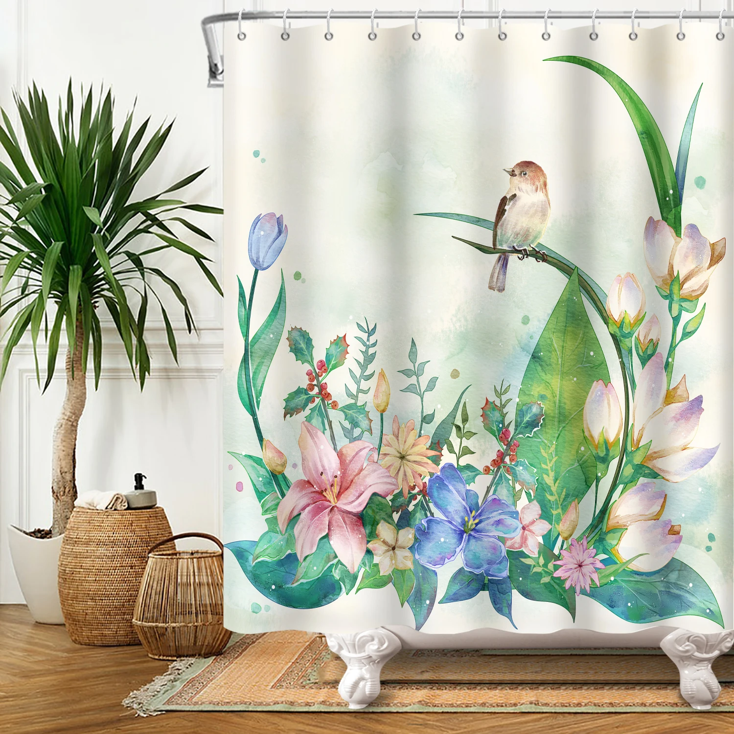 צבעי פרחים ציפור וילון המקלחת לשירותים להגדיר מודרני אביב יונק הדבש פרח הביתה אמבטיה אמבטיה עיצוב עם ווים