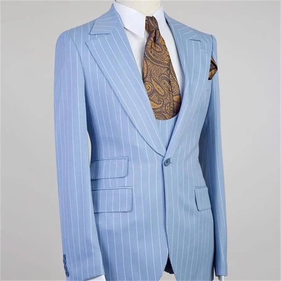 חליפה של גבר 3Pcs פסים כחולים בלייזר מכנסיים לגברים בהתאמה אישית תחפושת Homme Slim Fit החתן מסיבת החתונה ללבוש ז ' קט+מכנסיים+אפוד