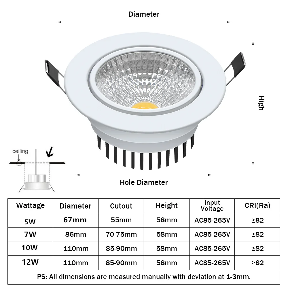 [DBF]סופר מבריק שקוע LED ניתן לעמעום Downlight קלח 5W 7W 10W 12W 3000K תקרת LED תאורת ספוט LED מנורת תקרה AC 110V-220V